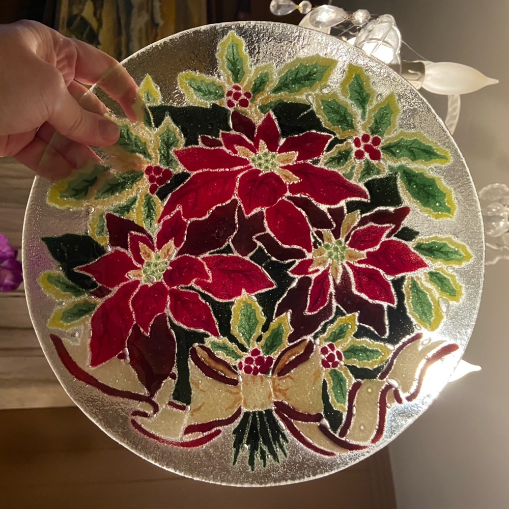 Vintage Peggy Karr 11 Inch Fused Glass Poinsettia & Greenery Serving Plate